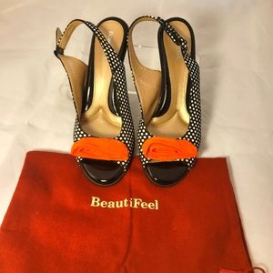 BEAUTIFEEL Polka Dot Slingback with Leather Rose and Shoe Bag
